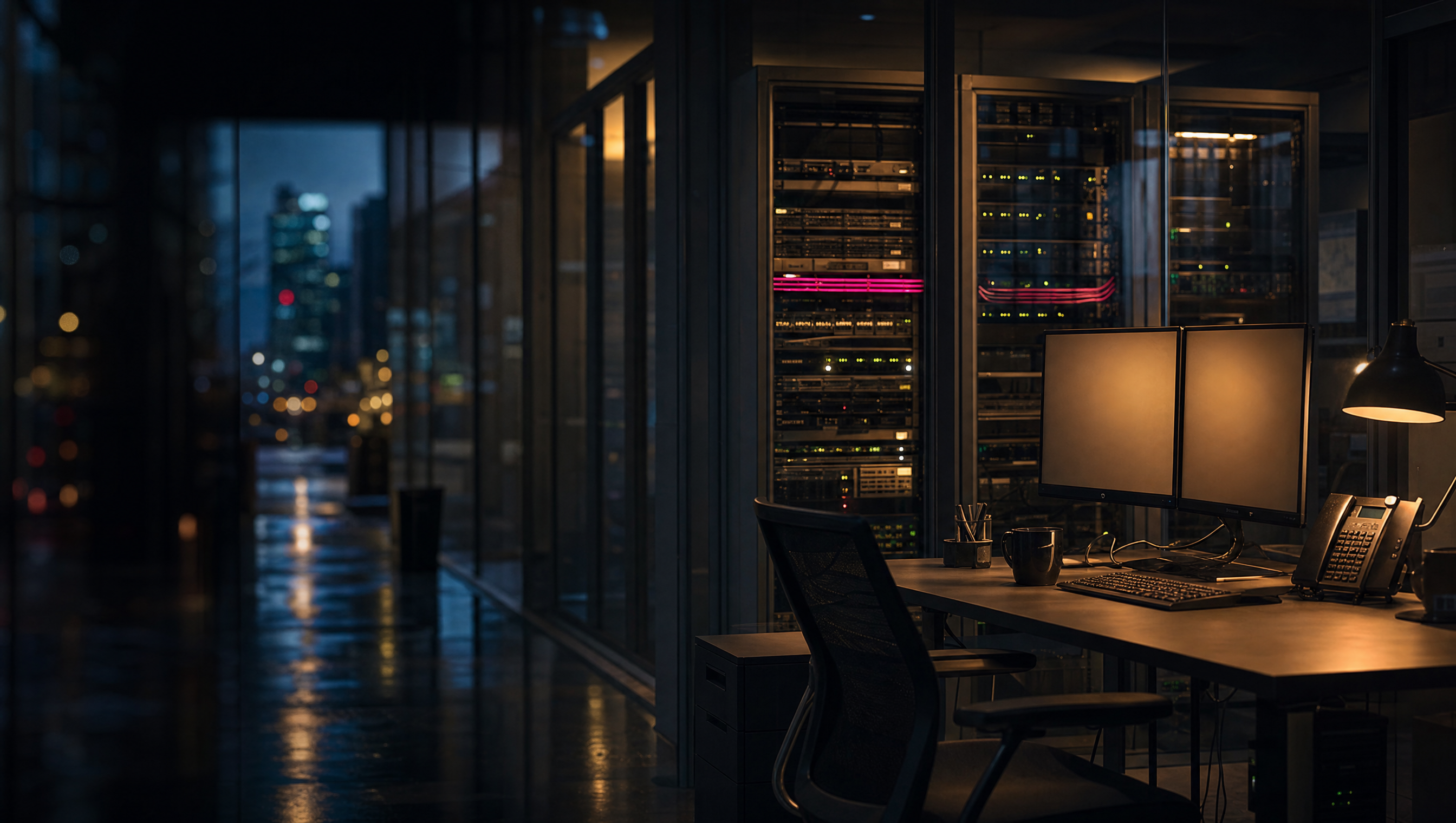 A support desk at night beside a glass-walled server room, twin monitors and a desk phone, status lights running down the racks.